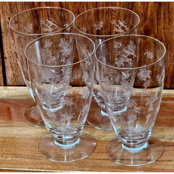 Heisey Chintz Etched Ice Tea Glasses 5.5” vintage bird butterfly floral 4piece - Picture 2 of 11